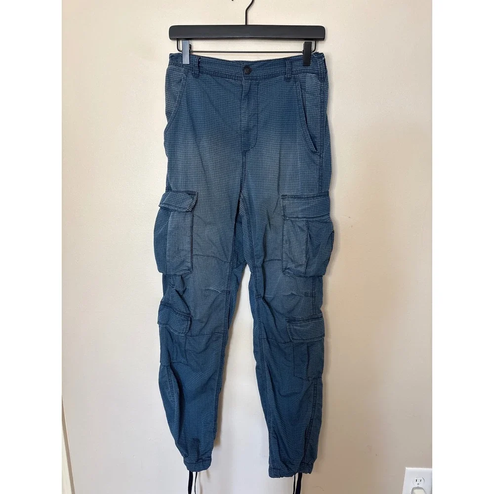 Free People Women City High Waist Cargo Pants Blue Grid Size 4 High Rise Cinch